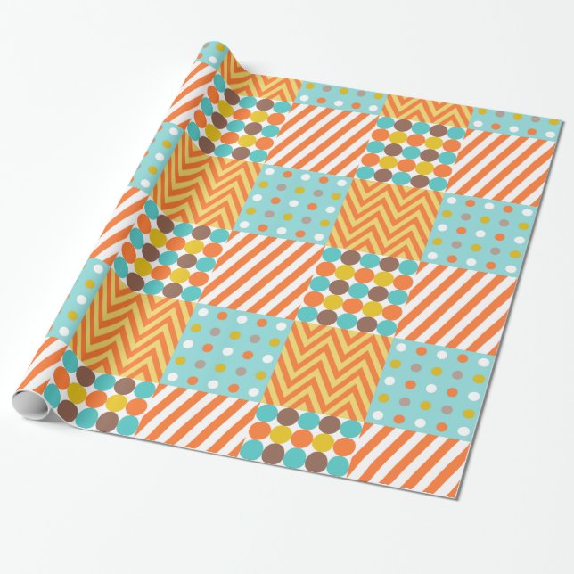 Retro Orange Blue Mustard Yellow Patchwork Pattern Wrapping Paper (Unrolled)