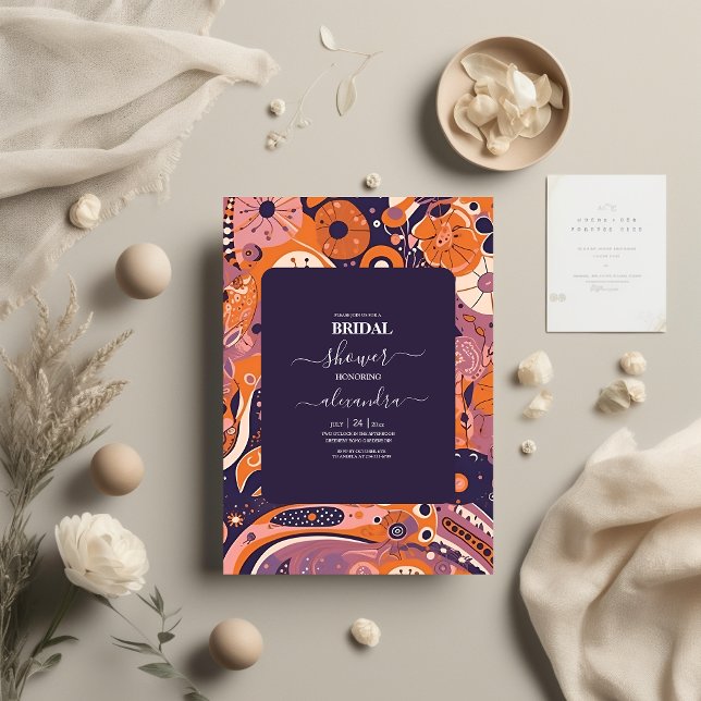 Retro orange blush pink purple groovy bridal invitation (Creator Uploaded)