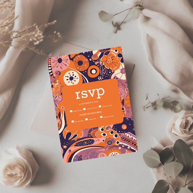 Retro orange blush pink purple groovy wedding RSVP card (Creator Uploaded)