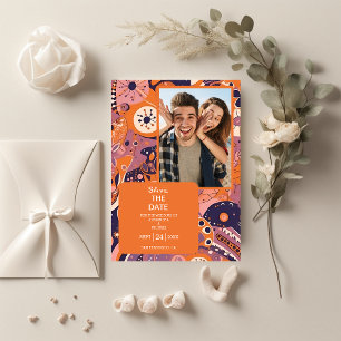 Retro orange blush pink purple groovy wedding save the date
