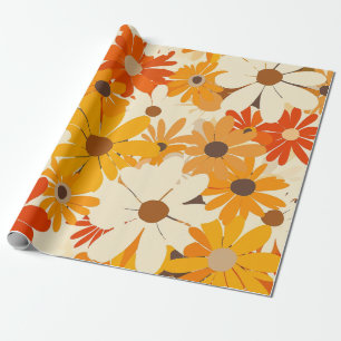 Retro Orange Botanical Bold 70s Vintage Floral Wrapping Paper