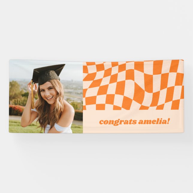 Retro Orange Chequerboard Graduation Photo Congrat Banner (Horizontal)