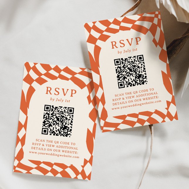 Retro Orange Chequerboard QR Code Wedding RSVP Card (Creator Uploaded)