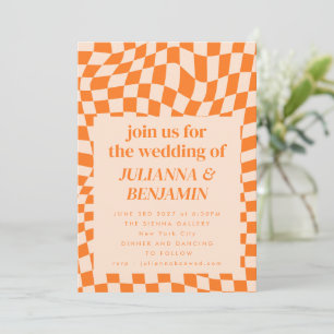 Retro Orange Chequerboard Wedding All In One  Invitation