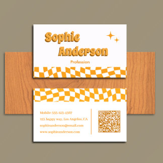 Retro Orange Chequerboard with QR Code Business Card