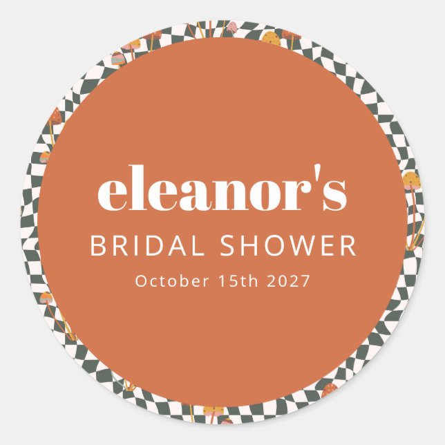 Retro Orange Chequered Mushroom Custom Bridal Show Classic Round Sticker (Front)