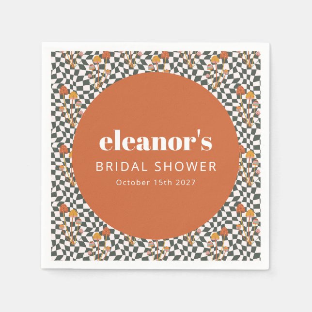 Retro Orange Chequered Mushroom Custom Bridal Show Napkin (Front)