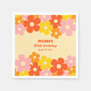 Retro Orange Colorful Boho Flower 50th Birthday Napkin