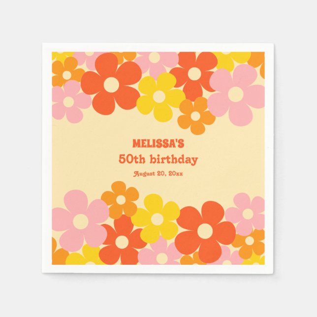 Retro Orange Colourful Boho Flower 50th Birthday Napkin (Front)