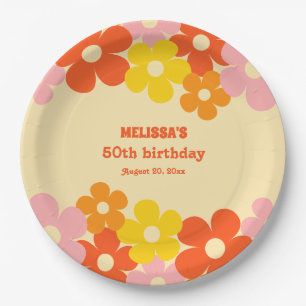 Retro Orange Colourful Boho Flower 50th Birthday Paper Plate