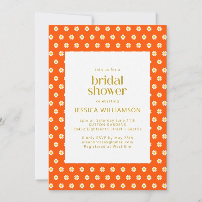 Retro Orange Daisy Flowers Cute Bridal Shower Invitation (Front)