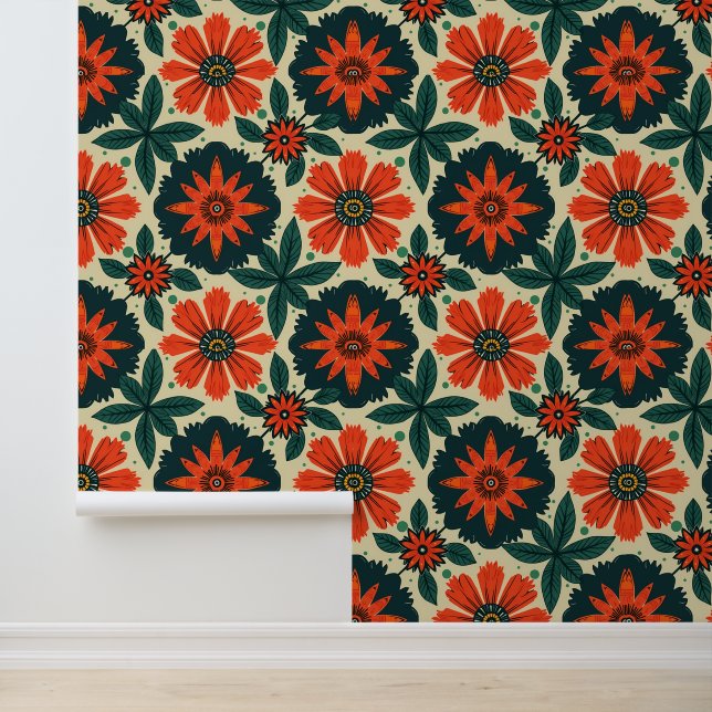 Retro Orange Daisy Pattern - Vintage Botanical Wallpaper (Application)