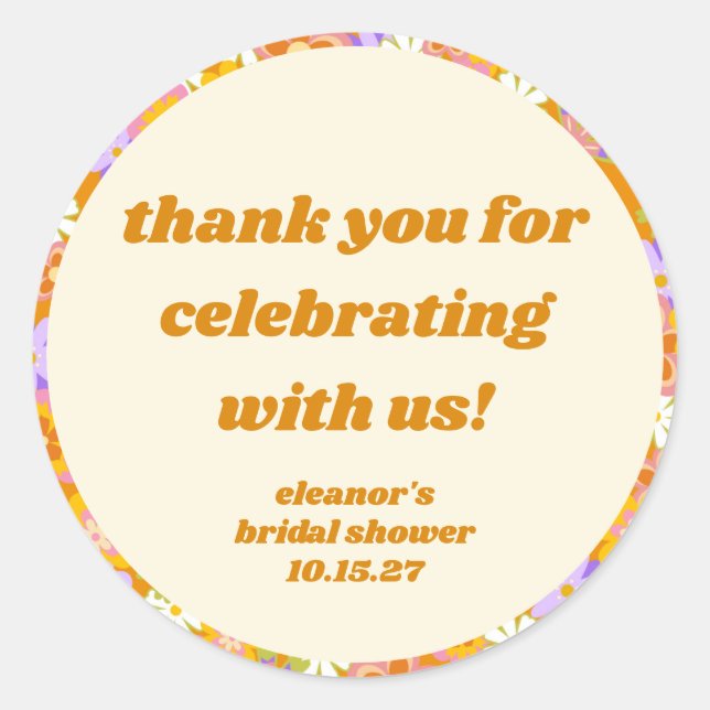 Retro Orange Floral Custom Bridal Shower Thank You Classic Round Sticker (Front)