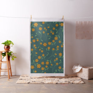 Retro Orange Floral Dark Teal Pattern Fabric