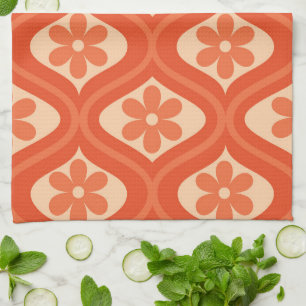 Retro Orange Flowers Pattern on Vintage Ogee  Tea Towel