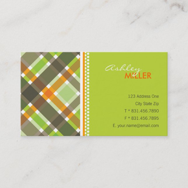 Retro Orange Green Checks Plaid Pattern Modern Business Card (Front)
