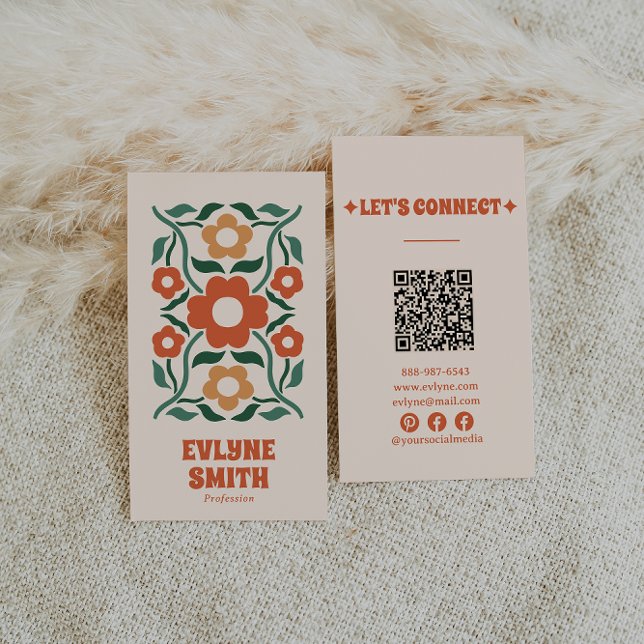 Retro Orange Green QR Code Groovy Floral Boho Business Card (Creator Uploaded)