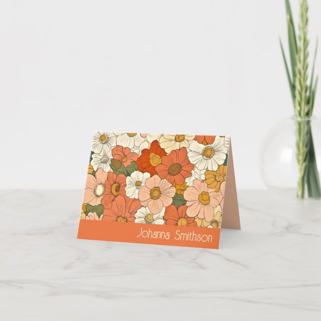 Retro Orange Groove Floral Folded Note Card (Front)
