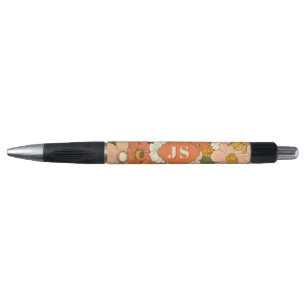 Retro Orange Groove Floral Monogram Pen