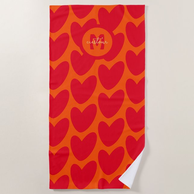 Retro Orange Groovy Red Hearts Name Over Monogram Beach Towel (Front)