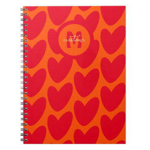 Retro Orange Groovy Red Hearts Name Over Monogram Notebook