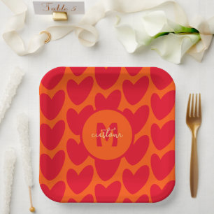 Retro Orange Groovy Red Hearts Name Over Monogram Paper Plate