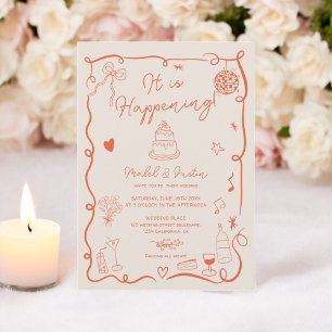 Retro Orange hand drawn illustrated photo wedding Invitation