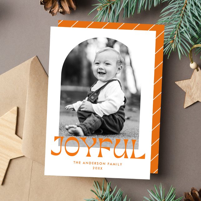 Retro Orange Joyful Arch Photo Holiday Card (Creator Uploaded)