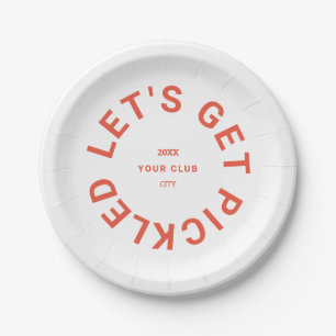 Retro Orange Let's Get Pickled Crest Pickleball Paper Plate