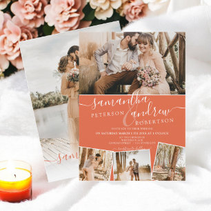 Retro orange minimalist script 5 photos wedding invitation