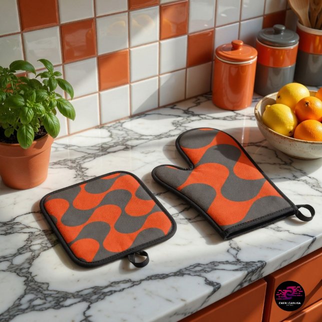 Retro Orange Mod Wave Pattern Oven Mitt & Pot Hold Holder Set (Your kitchen just got way less boring.)