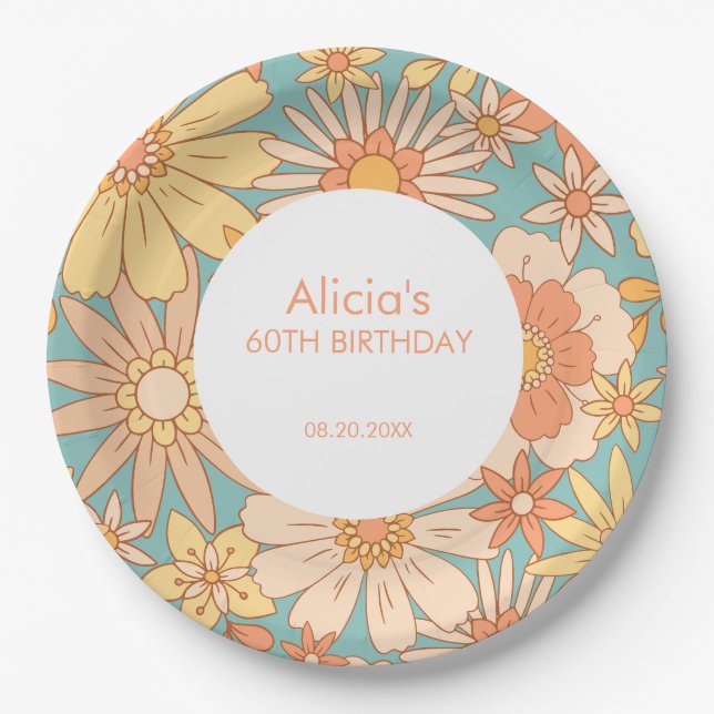 Retro Orange Peach Botanical Green 60th Birthday Paper Plate (Front)