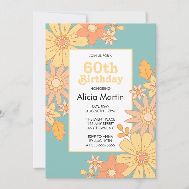 Retro Orange Peach Flora Groovy 60th Birthday Invitation (Front)