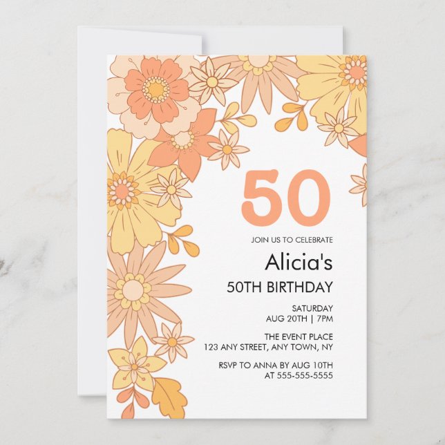 Retro Orange Peach Flower Groovy 50th Birthday Invitation (Front)