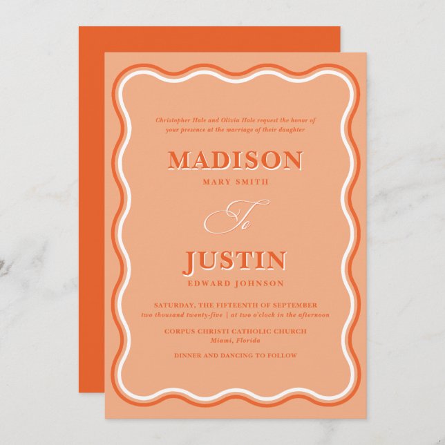 Retro Orange Peach Squiggle Curves Wavy Wedding Invitation (Front/Back)