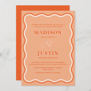 Retro Orange Peach Squiggle Curves Wavy Wedding Invitation