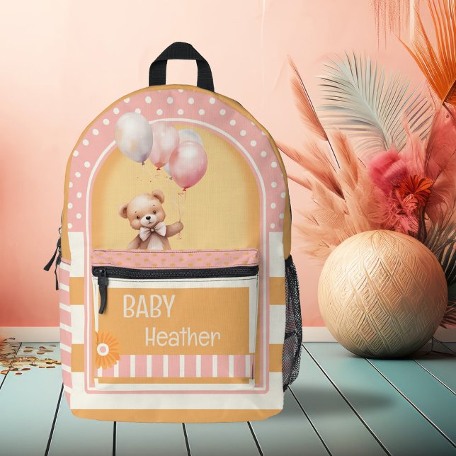 Retro Orange Pink Bear Baby Printed Backpack (Backpack featuring a retro striped design with polka dots and a cute bear in pink and orange colors)
