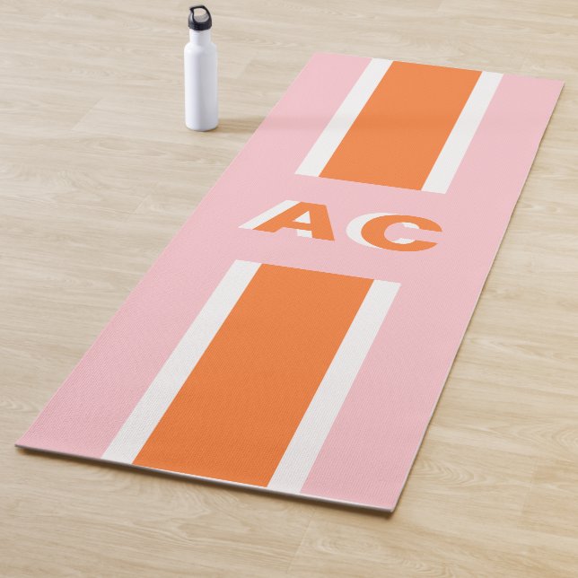 Retro Orange Pink Girl Cute Monogram Yoga Mat (In Situ)