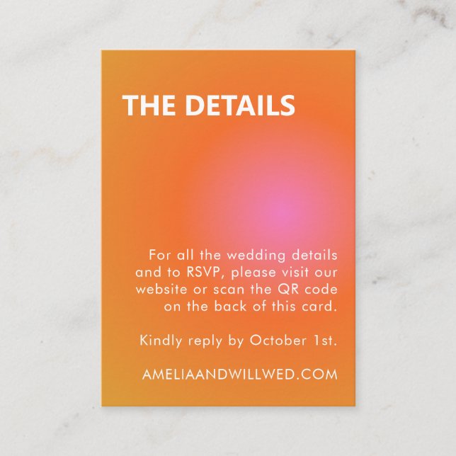 Retro Orange Pink Gradient Wedding QR Code RSVP Enclosure Card (Front)