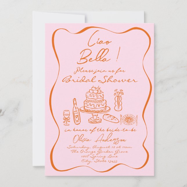Retro Orange Pink Hand Drawn Italian Bridal Shower Invitation (Front)