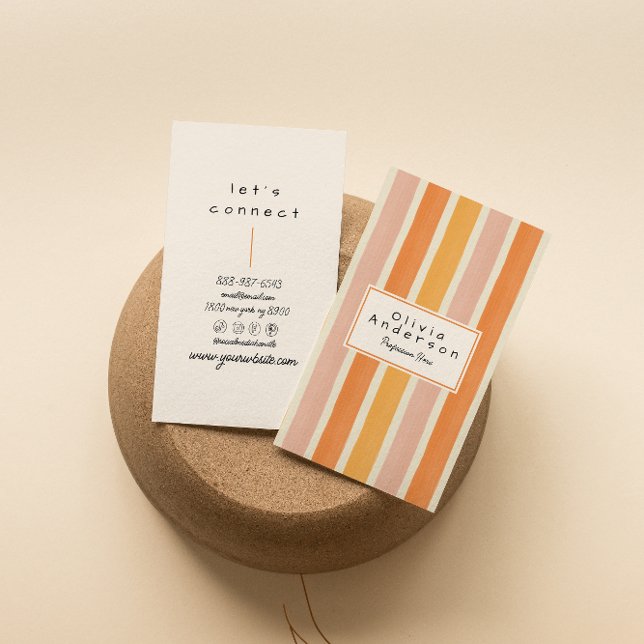 Retro Orange Pink Hand Drawn Stripes Trendy Boho  Business Card (Creator Uploaded)
