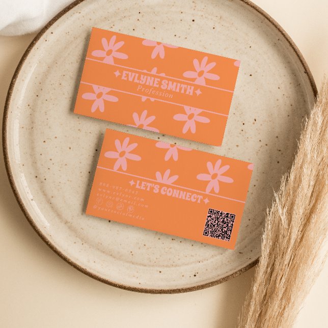 Retro Orange Pink QR Code 70s Groovy Floral Girly Business Card (Creator Uploaded)