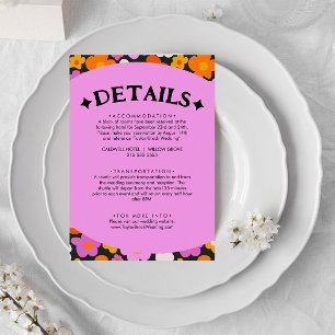 Retro Orange Purple Floral Groovy Wedding Details Enclosure Card