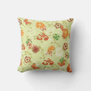 Retro Orange Red Butterflies Flowers Throw Pillow