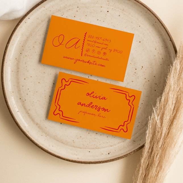 Retro Orange Red Handwritten Drawn Unique Girly Business Card (Creator Uploaded)