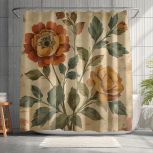 Retro Orange Sage Green Mustard Vintage Floral Shower Curtain