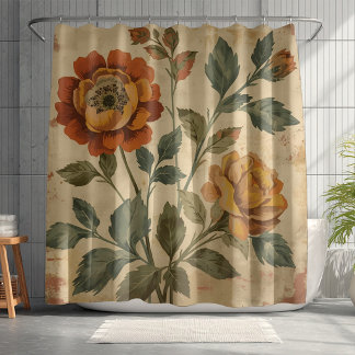 Retro Orange Sage Green Mustard Vintage Floral Shower Curtain