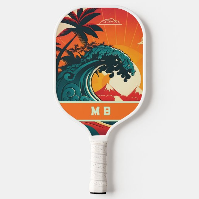 Retro Orange Teal Sunset Waves Palm Trees Monogram Pickleball Paddle (Back)