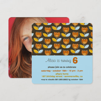 Retro Orange Tulips Fun Photo Girl Birthday Party Invitation