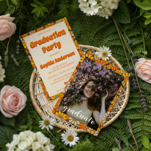 Retro Orange Vintage 70s Floral Graduation Party  Invitation